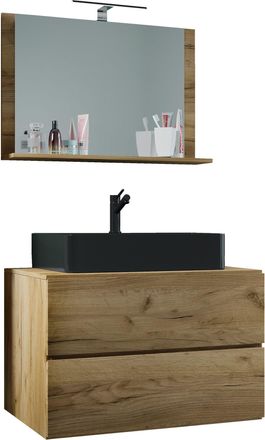ebuy24 Ebuy24 - Vcm 3 Pcs Lavabo Lavabo Gabinete Inferior Ancho 80 Cm Muebles De Ba&ntilde;o Con Cajones Espejo Lendas M (roble Miel)