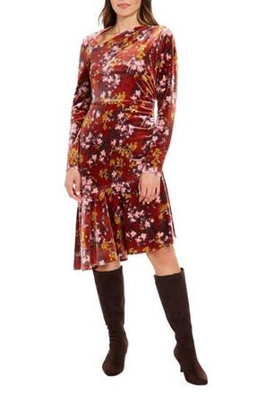 London Times Floral Long Sleeve Ruched Asymmetric Velour Dress in Red Multi at Nordstrom Rack, Size 12