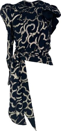 Isabel Marant Printed Tie-Waist Asymmetric Blouse in Navy Blue Wool