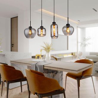 Globo Lighting Lampada a sospensione led in vetro fum&eacute; Lampada a sospensione in vetro per sala da pranzo nera, metallo, 4x E27 led a filamento bianco caldo, LxLxH