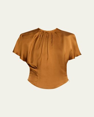 Isabel Marant Sakine Pleated Short-Sleeve Satin Top