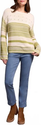 Tribal Color Block Bell Sleeve Boat Neck Sweater In Wasabi-0802