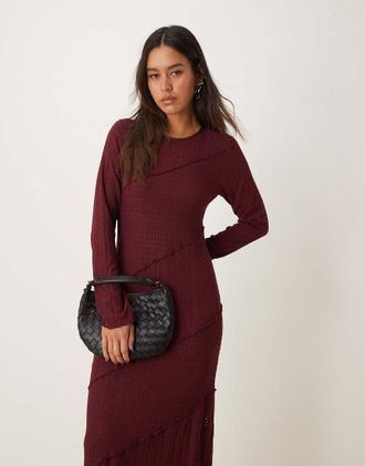 Miss Selfridge mixed texture long sleeve dress in burgundy-Red