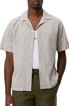 Les Deux Lukas Stripe Cotton & Linen Camp Shirt in Teak Brown at Nordstrom, Size Xx-Large