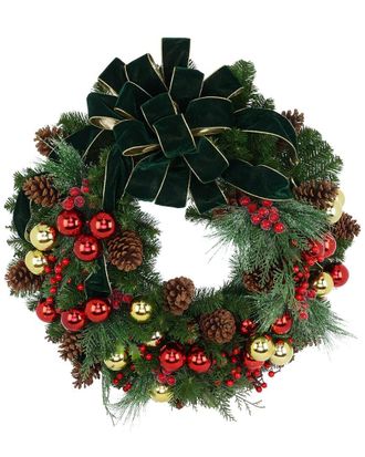Creative Displays Inc. Handmade 32In Christmas Holiday Wreath With Ornaments & Velvet Bow