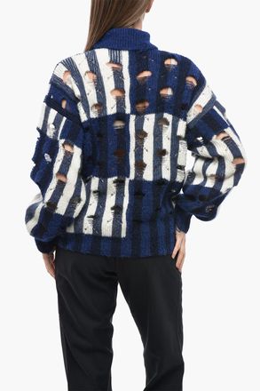 Off-white Maglia a Collo Alto SHIBORI in Misto Alpaca Distressed Off-White