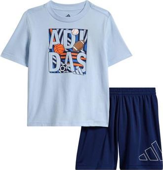 adidas Kids Cotton Graphic T-Shirt & Knit Athletic Shorts set in Crystal Sky at Nordstrom, Size 24M