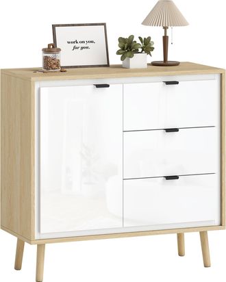 OEM Aparador Para Sal&oacute;n Moderno Con Puerta 3 Cajones Estante Ajustable Para Comedor Entrada 80x35x77 Cm Blanco Y Roble