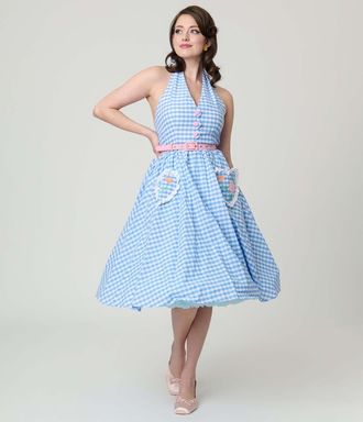 Unique Vintage Belted Scallop Front Halter Swing Dress in Blue Gingham Floral at Nordstrom, Size X-Large