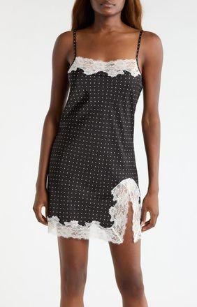 Open Edit Lace Trim Satin Chemise in Black- Ivory Polka Dot at Nordstrom, Size X-Small