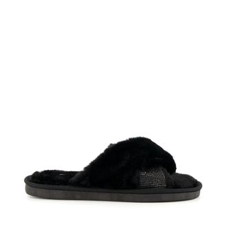 Dune London Ladies Winta Diamante Cross Strap Faux Fur Slippers Size S Black
