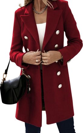 Generic Womens Notched Lapel Trench Coat Double Breasted Wool Blend Long Jackets Fall Winter Dressy Coats for Women Wine Red-2 X-Large