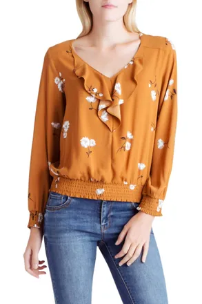 Kensie Floral Long Sleeve Ruffled V-Neck Woven Top In Mid-Century Floral