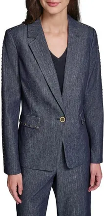 Karl Lagerfeld Pinstripe Stud Denim Blazer in Dark Wash at Nordstrom, Size 16