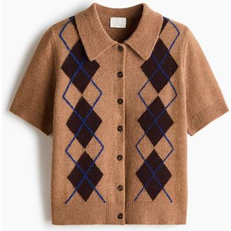 H&M Collared Cardigan in Dark Beige/argyle at Nordstrom, Size Xx-Small