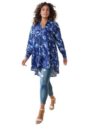 Roaman's Hand Crinkled Fit And Flare Tunic in Navy Painterly Roses at Nordstrom, Size 12