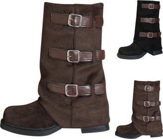 Generic Women Mid-Calf Boots Ladies Fold Over Buckle Moto Biker Boots Round Toe Pull On Boots Chunky Low Heel Platform Slip-on Boot Winter Anti-Slip Motorcycl