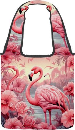 Generic Pretty Pink Flamingo Reversible Canvas Shoulder Tote - Double-Sided Print, 12oz Cotton, 27cm Drop, Fold-Flat Bag for Travel, Shopping, Street Outings