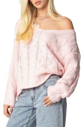 Edikted Inga Oversize V-Neck Cable Sweater in Light-Pink at Nordstrom, Size X-Large