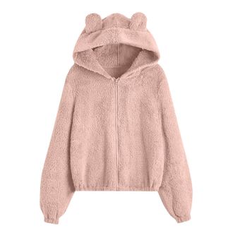 Generic Womens Fleece Jacket with Ears Warm Hooded Teddy Coat Full Zip Hoodie Soft Fuzzy Sherpa Jacket Chic Long Sleeve Zipper Winter Sweatshirt Pink M
