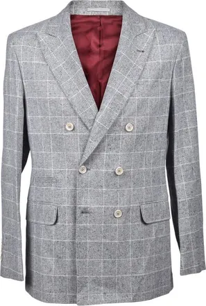 Brunello Cucinelli Pearl Grey Silk Wool Check Blazer, Brand Size 52 (US Size 42)