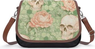 Generic Rose Skulls Peony Honeycomb Geometry Leather Crossbody Bags for Women Messenger Handbag Purse Shoulder Bag