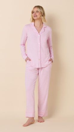 The Cats Pajamas Pima Knit Long-Sleeved Pajama in Essential Stripe Pink Moment at Nordstrom, Size X-Small