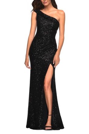 La Femme One Shoulder Gown in Elegant Soft Sequin Fabric in Black at Nordstrom, Size 10