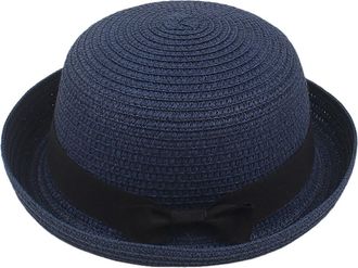 Generic Lady Boater Sun Caps Classic Vintage Ribbon Round Flat Top Straw Beach Hat Retro Summer-Wide-Brim Hats for Women with Band Outdoor Navy One Size