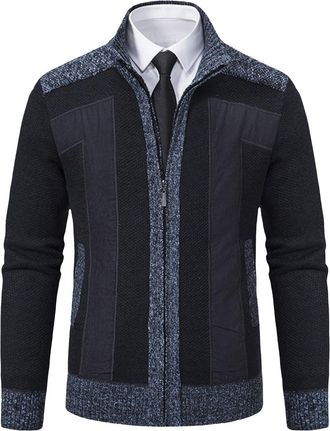 Generic Mens Full Zip Cardigan Sweater Thick Knitted Zipper Pattern Cardigan Sweater Full Zip Stand Collar Warm Jumper Knitwear Classic Knitted Autumn Winter 