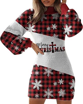 Generic Womens Christmas Sweatshirts Plus Size Jumpers Long Sleeve Tunic Santa Snowflake Print Tops Pleated Collar Irregular Sweaters Long Tunic