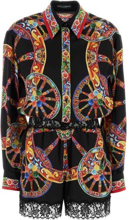 Dolce & Gabbana Black Printed Shirt Collar Jumpsuit