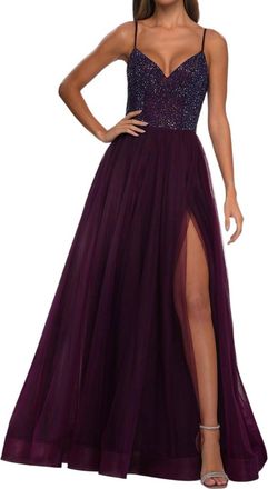La Femme A-Line Rhinestone Embellished Bodice Prom Dress In Dark Berry