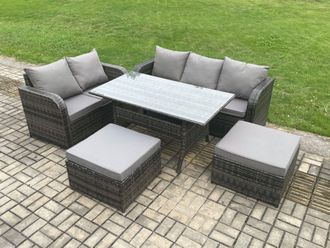 Fimous Outdoor Garden Patio Furniture Wicker Rattan Oblong Rectangular Dining Table & Lounge Sofa set with 2 Big Footstool Dark Grey Mixed