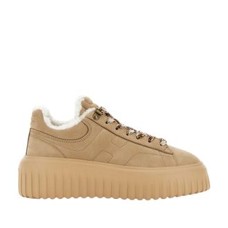 Hogan Brown H-Stripes Shearling Calfskin Platform Sneakers