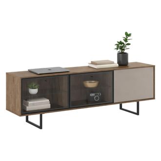 Dmora Mueble Para Tv Serrata, 3 Estantes, 3 Puertas, Detalles De Vidrio En Puerta Y Estantes, 185x40x60h Cm Nogal Marr&oacute;n