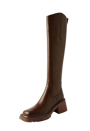 Generic Womens Pot Cow Skin Square Toe High Heel Non-Slip Platform Riding Boots Vintage Winter Boots