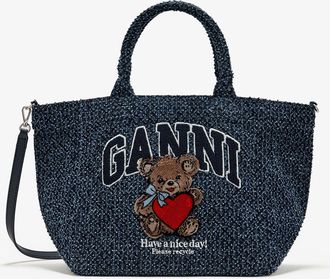 Ganni Navy Tweed Denim Small Bear Tote