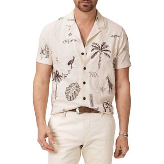 John Varvatos Beeston Embroidered Jungle Icons Knit Camp Shirt in Light Khaki at Nordstrom, Size Xx-Large