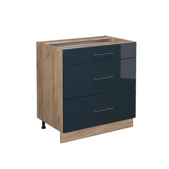 Vicco Mueble Bajo De Cocina Fame-line, Azul Oscuro Alto Brillo, 80 Cm Con 3 Cajones, Sin Encimera Vicco