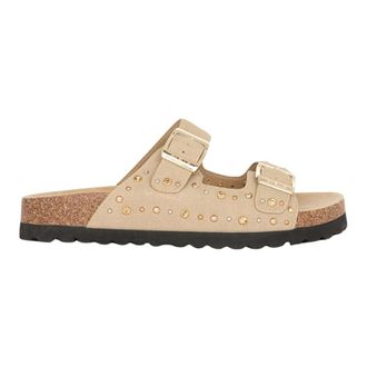 Ga&euml;lle Paris Sliders, female, Beige, Size: 10 US Suede Sandal with Double Buckle and Studs