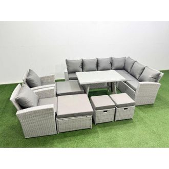 Fimous Fimous 12 Seater Garden Outdoor Rattan Furniture Set Rattan Corner Sofa Oblong Dining Table with 2 Armchairs 4 Footstools Light Grey Mixed