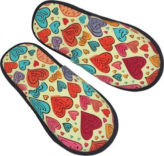 Generic Plush Slippers Colorful Heart Pattern Furry Fuzzy Slippers Reusable Anti-Slide Slipper For Guest Room Travel Spa L