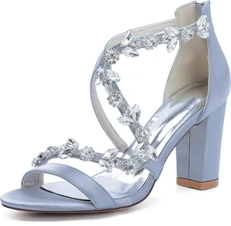 Generic Bridal Heeled Sandals Womens Chunky Block Open Toe Wedding Prom Party Evening Homecoming Dress Shoes 8.5Cm,Silver,10 UK