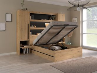 Vente-Unique Letto con contenitore e ponte 140 x 190 cm Naturale e Nero - LUDARO