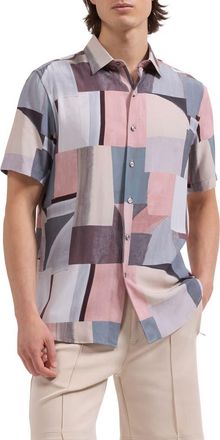 Bugatchi Orson Shaped Fit Short Sleeve Button-Up Shirt in Dusty Pink at Nordstrom, Size Xxx-Large