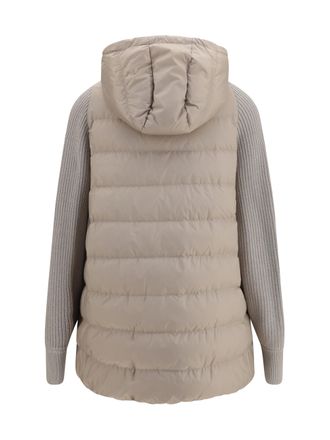 Brunello Cucinelli Womens Long Monili Chain Puffer Jacket Dove Grey Polyester Down Coat