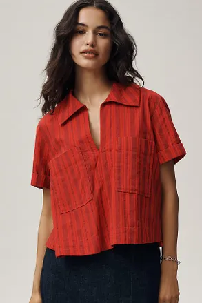Maeve Short-Sleeve Swing Buttondown Top