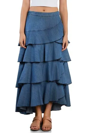 Wash Lab Denim Petal Tiered Denim Maxi Skirt in Resort Denim at Nordstrom, Size X-Small