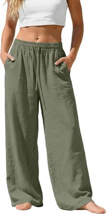 Generic Womens Cotton Linen Trousers Straight Wide Leg Drawstring Elastic Waist Pants Ladies Summer Lightweight Breathable Loungewear Bottoms for Beach Yoga A